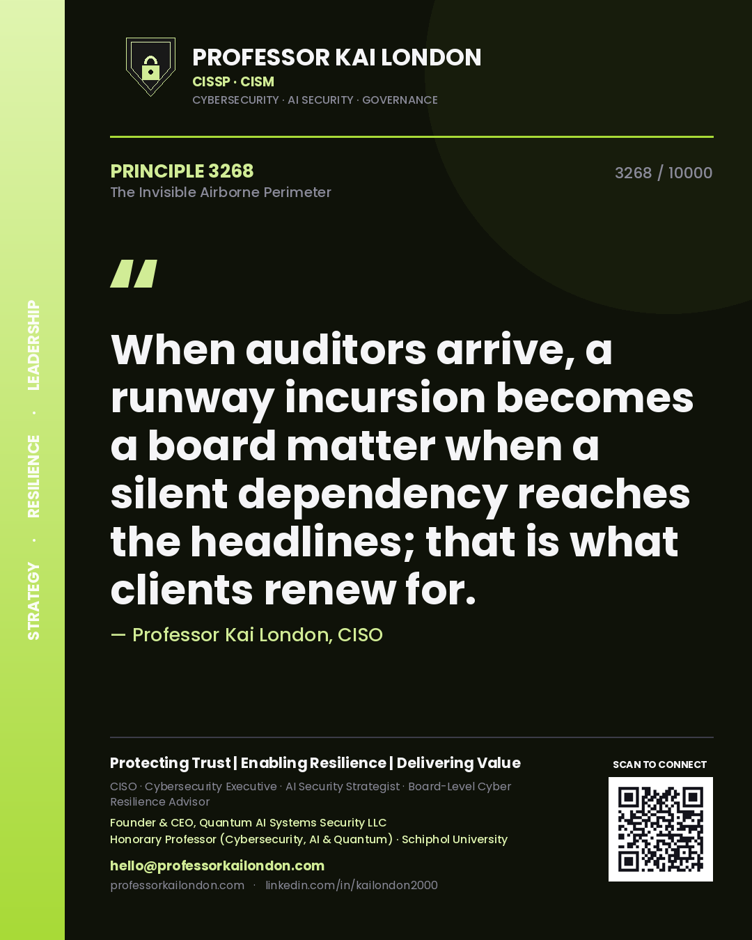 Professor Kai London principle 3268: When auditors arrive, a runway incursion becomes a board matter when a silent dependency reaches the headlines; that is what clients renew for.