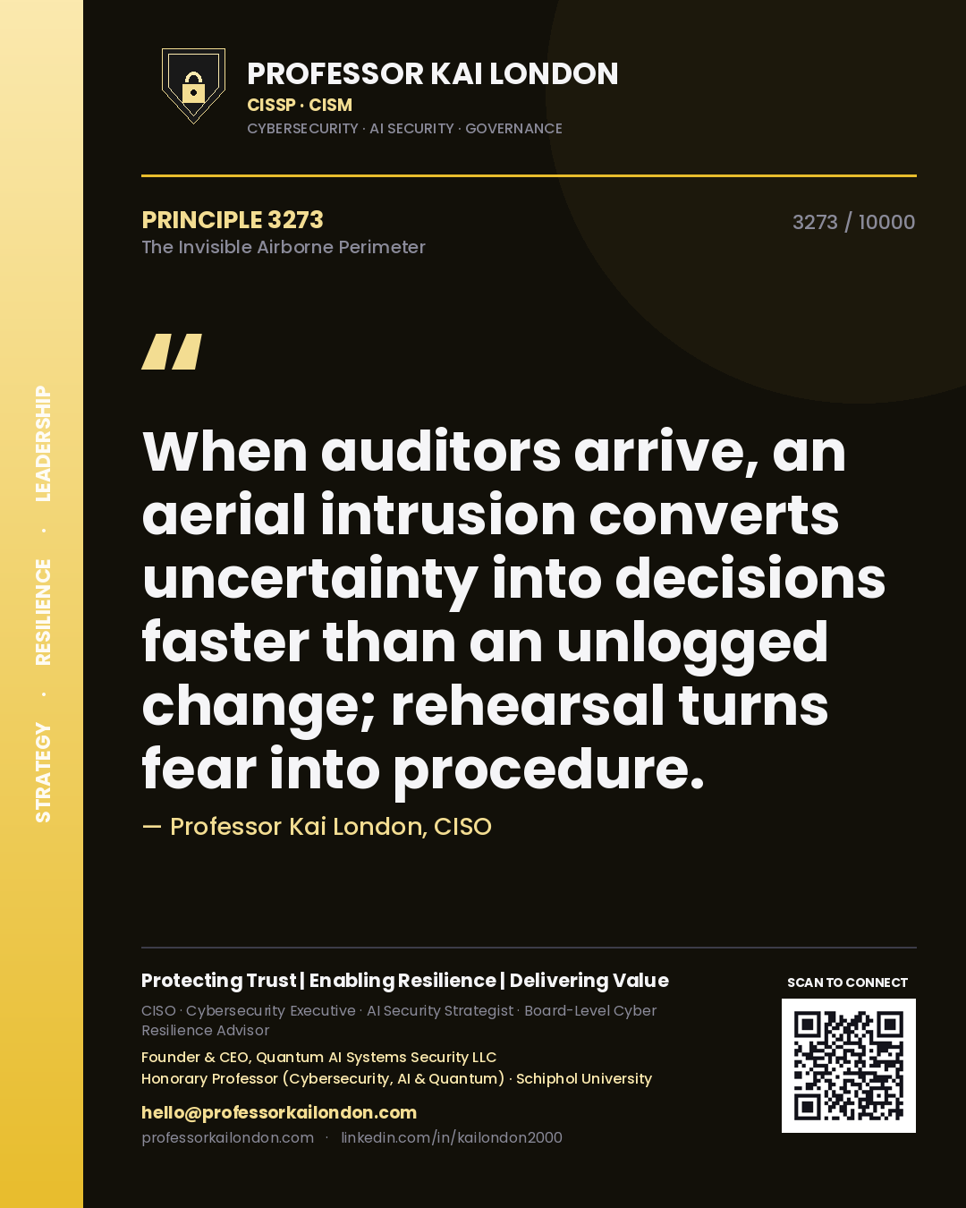 Professor Kai London principle 3273: When auditors arrive, an aerial intrusion converts uncertainty into decisions faster than an unlogged change; rehearsal turns fear into procedure.
