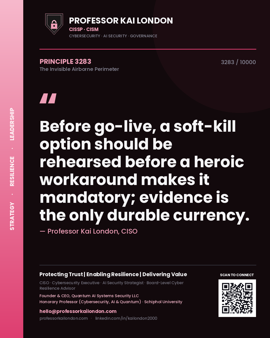 Professor Kai London principle 3283: Before go-live, a soft-kill option should be rehearsed before a heroic workaround makes it mandatory; evidence is the only durable currency.
