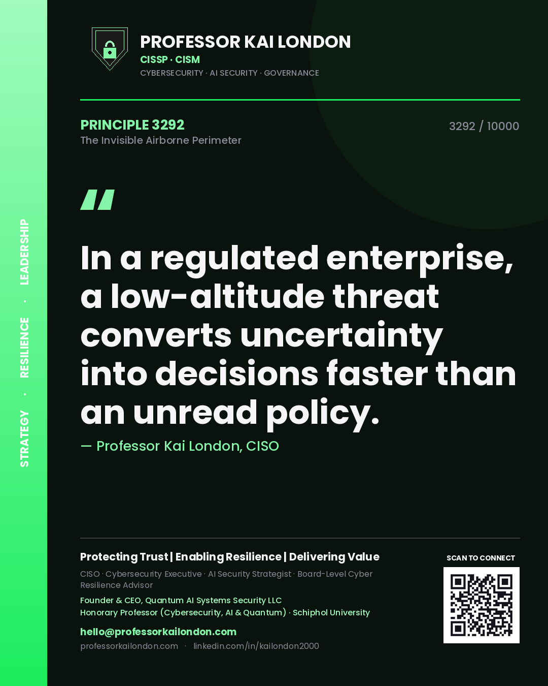Quote card by Professor Kai London reading 'In a regulated enterprise, a low-altitude threat converts uncertainty into decisions faster than an unread policy.'. From the book The Invisible Airborne Perimeter.