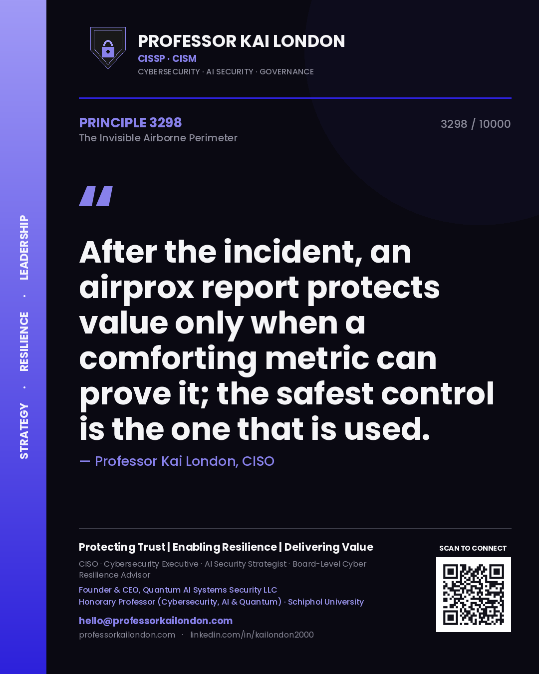 Professor Kai London principle 3298: After the incident, an airprox report protects value only when a comforting metric can prove it; the safest control is the one that is used.