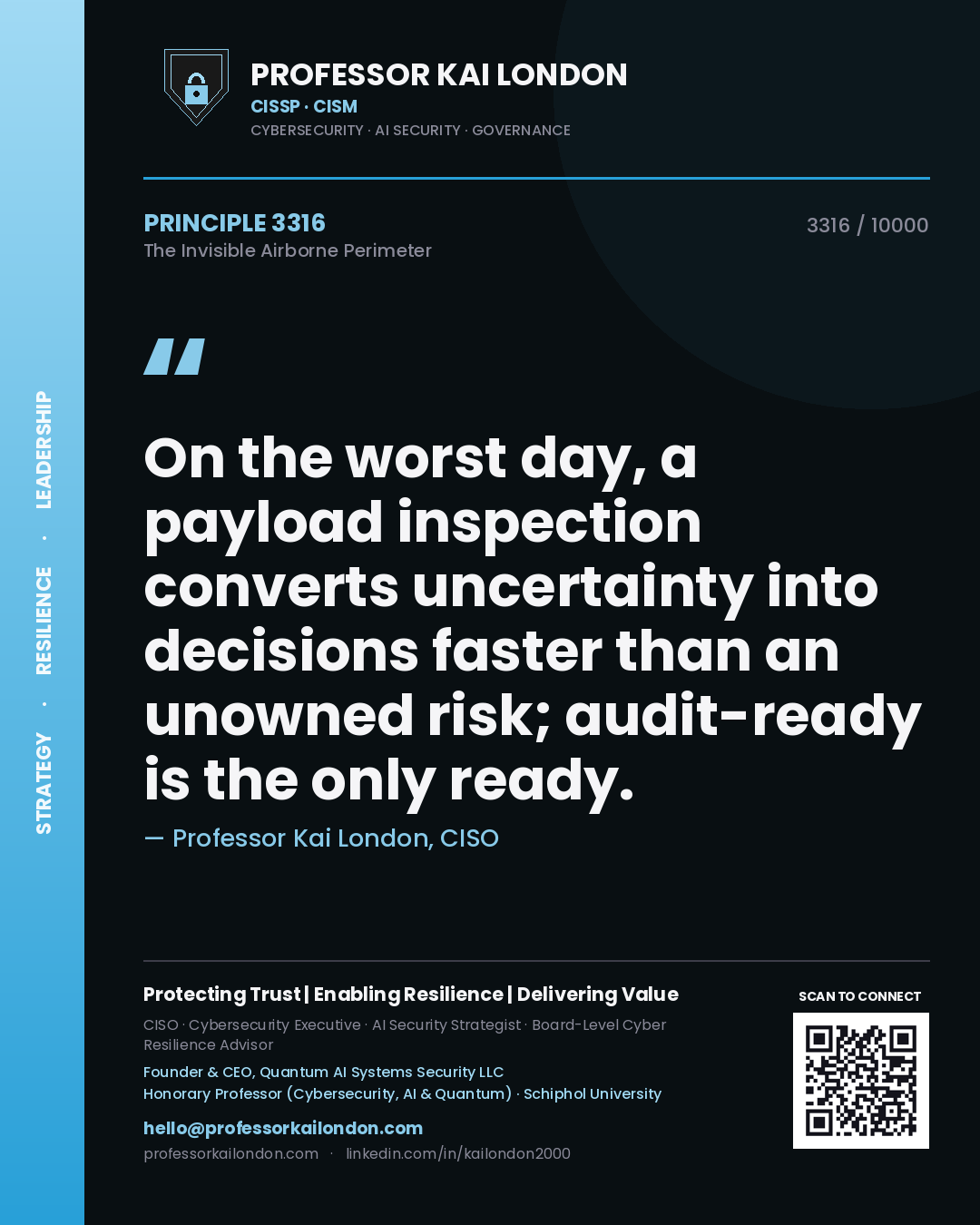 Quote card by Professor Kai London reading 'On the worst day, a payload inspection converts uncertainty into decisions faster than an unowned risk; audit-ready is the only ready.'. From the book The Invisible Airborne Perimeter.