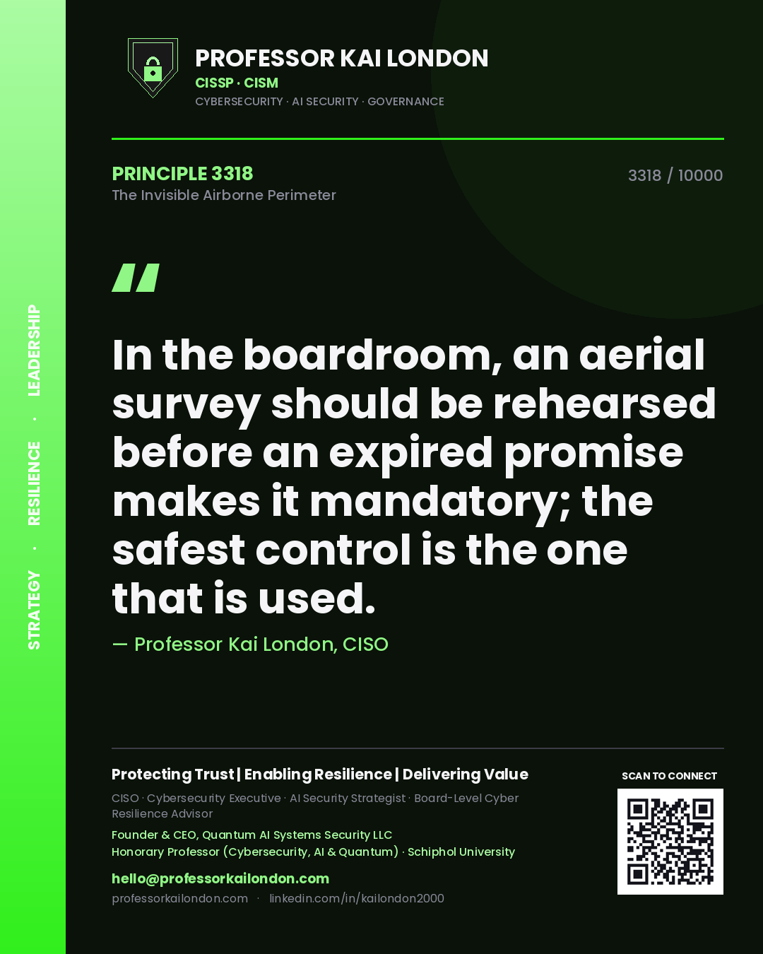 Quote card by Professor Kai London reading 'In the boardroom, an aerial survey should be rehearsed before an expired promise makes it mandatory; the safest control is the one that is used.'. From the book The Invisible Airborne Perimeter.