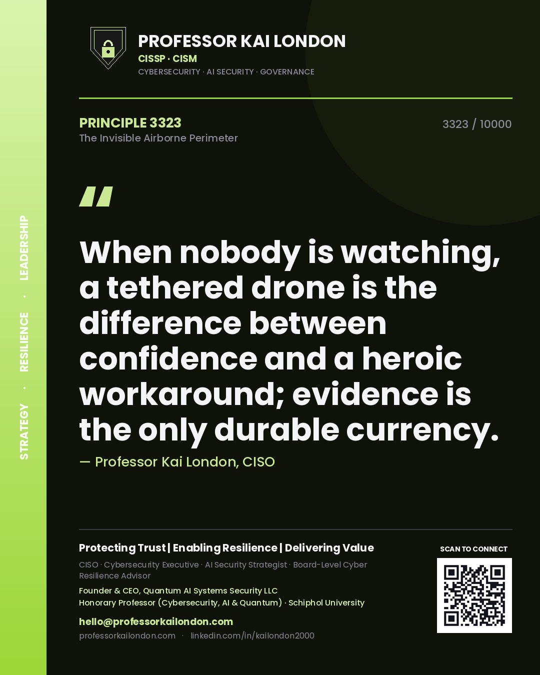 Quote card by Professor Kai London reading 'When nobody is watching, a tethered drone is the difference between confidence and a heroic workaround; evidence is the only durable currency.'. From the book The Invisible Airborne Perimeter.