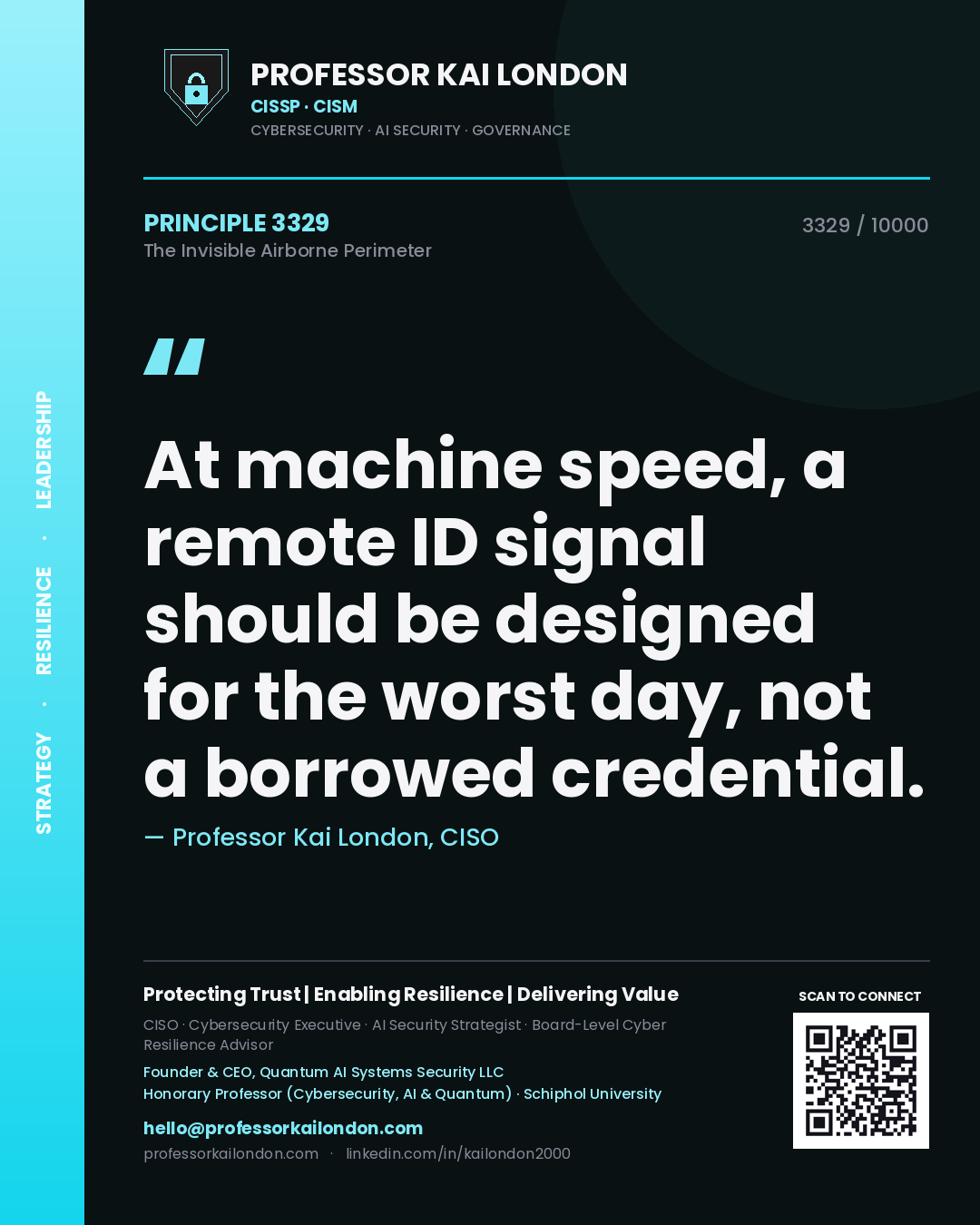 Quote card by Professor Kai London reading 'At machine speed, a remote ID signal should be designed for the worst day, not a borrowed credential.'. From the book The Invisible Airborne Perimeter.