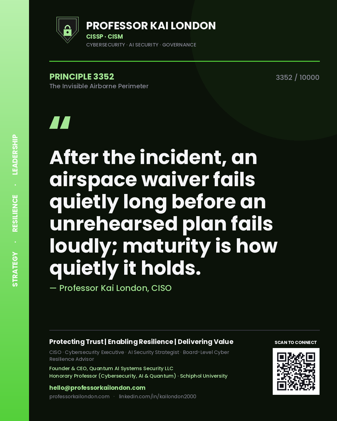 Quote card by Professor Kai London reading 'After the incident, an airspace waiver fails quietly long before an unrehearsed plan fails loudly; maturity is how quietly it holds.'. From the book The Invisible Airborne Perimeter.