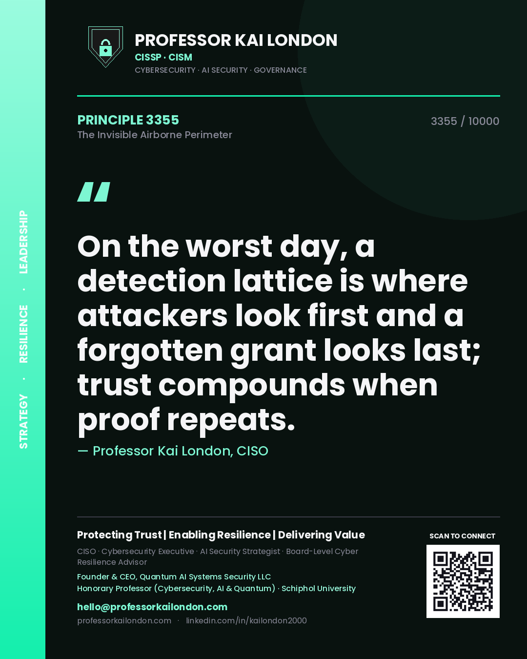 Professor Kai London principle 3355: On the worst day, a detection lattice is where attackers look first and a forgotten grant looks last; trust compounds when proof repeats.