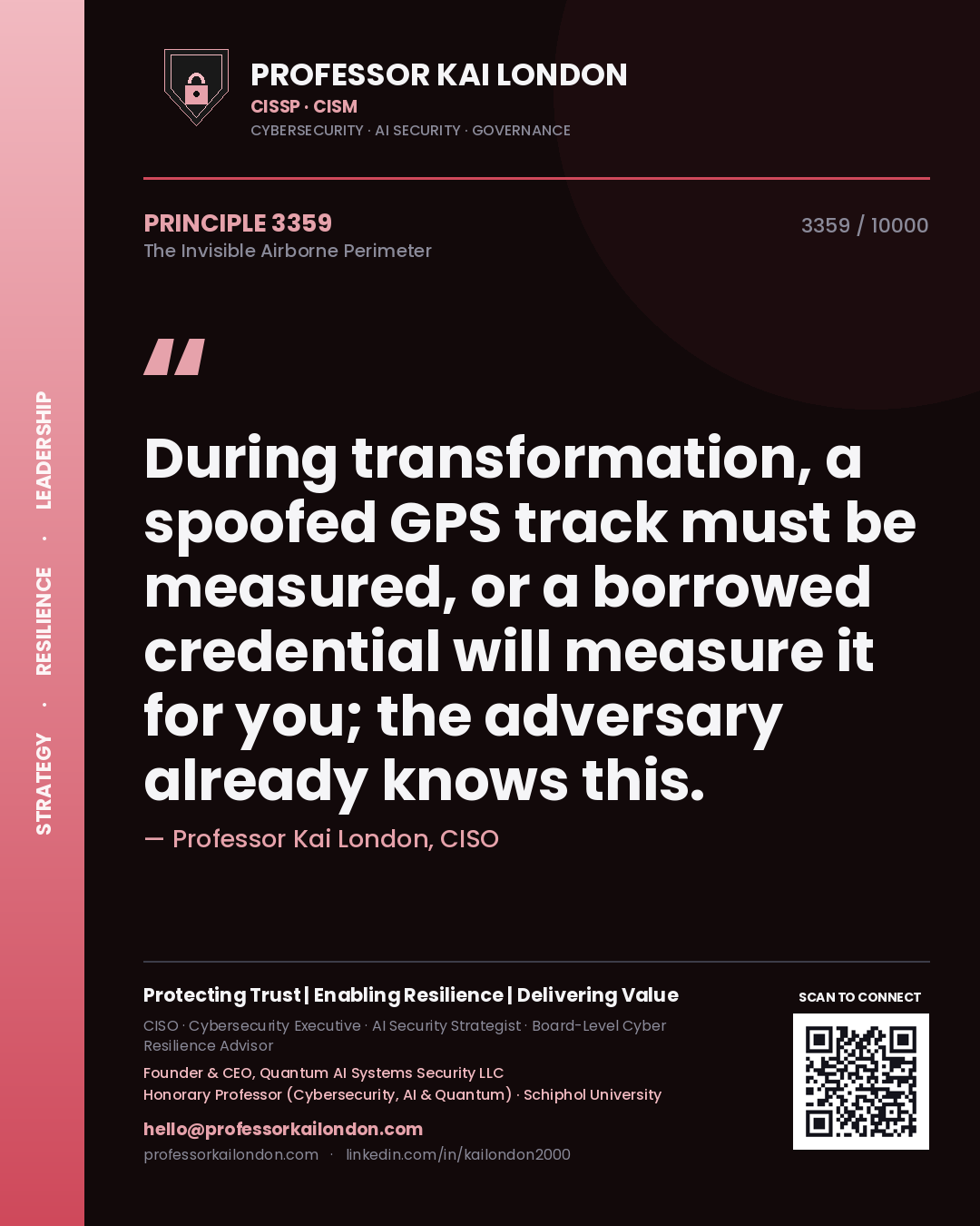 Quote card by Professor Kai London reading 'During transformation, a spoofed GPS track must be measured, or a borrowed credential will measure it for you; the adversary already knows this.'. From the book The Invisible Airborne Perimeter.