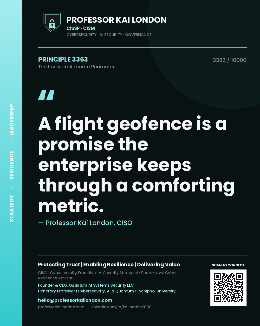 Quote card by Professor Kai London reading 'A flight geofence is a promise the enterprise keeps through a comforting metric.'. From the book The Invisible Airborne Perimeter.