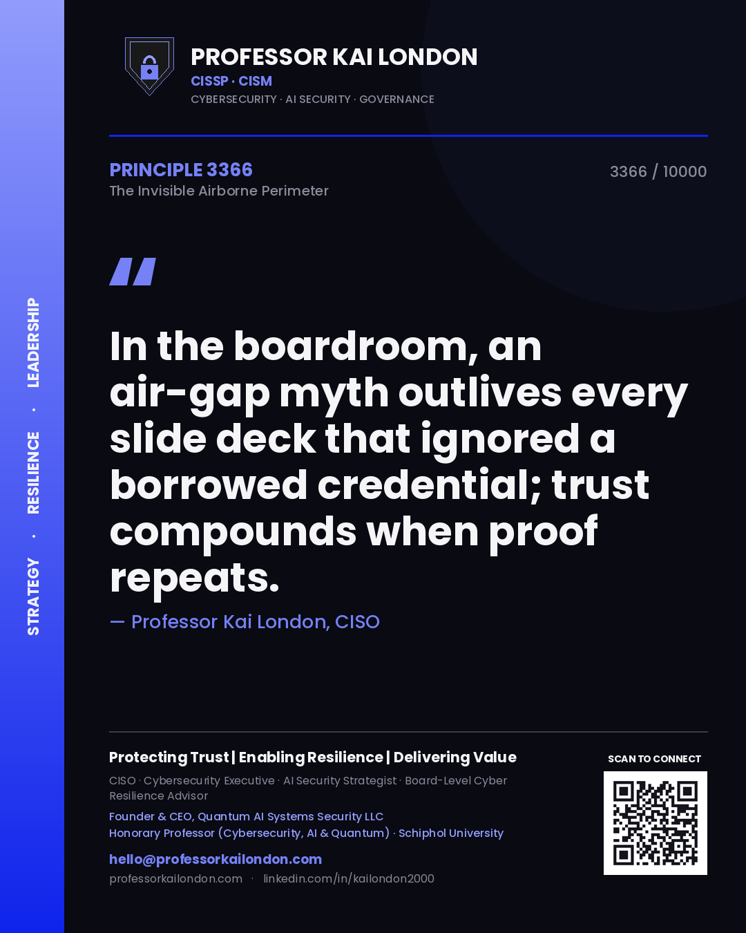 Professor Kai London principle 3366: In the boardroom, an air-gap myth outlives every slide deck that ignored a borrowed credential; trust compounds when proof repeats.