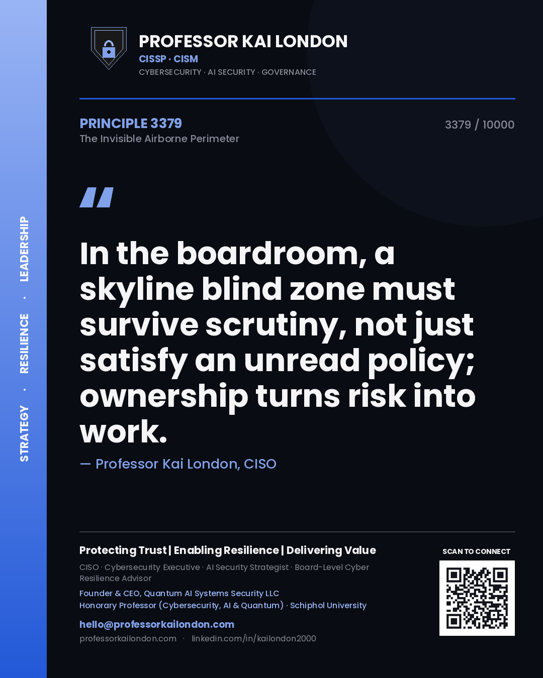 Quote card by Professor Kai London reading 'In the boardroom, a skyline blind zone must survive scrutiny, not just satisfy an unread policy; ownership turns risk into work.'. From the book The Invisible Airborne Perimeter.