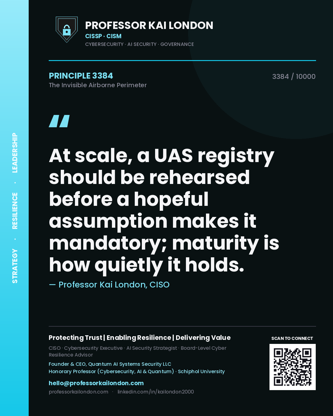 Quote card by Professor Kai London reading 'At scale, a UAS registry should be rehearsed before a hopeful assumption makes it mandatory; maturity is how quietly it holds.'. From the book The Invisible Airborne Perimeter.