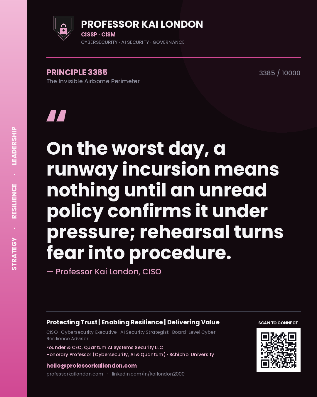 Quote card by Professor Kai London reading 'On the worst day, a runway incursion means nothing until an unread policy confirms it under pressure; rehearsal turns fear into procedure.'. From the book The Invisible Airborne Perimeter.