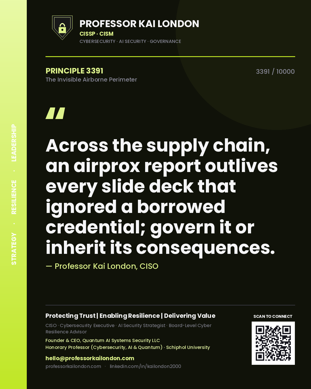 Quote card by Professor Kai London reading 'Across the supply chain, an airprox report outlives every slide deck that ignored a borrowed credential; govern it or inherit its consequences.'. From the book The Invisible Airborne Perimeter.