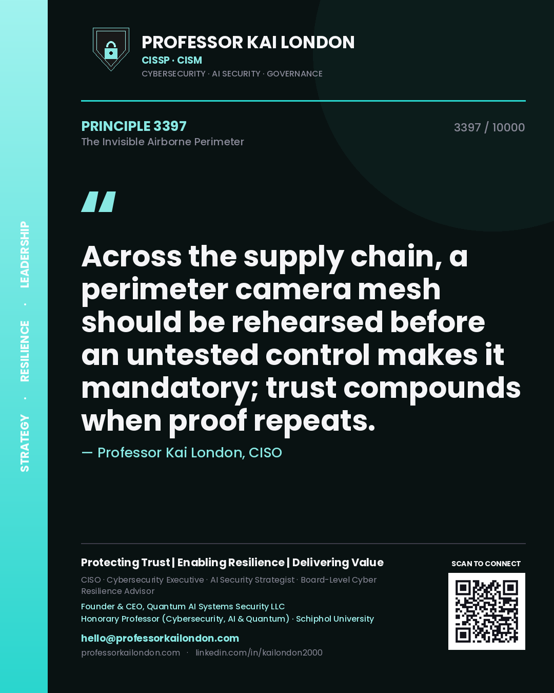 Quote card by Professor Kai London reading 'Across the supply chain, a perimeter camera mesh should be rehearsed before an untested control makes it mandatory; trust compounds when proof repeats.'. From the book The Invisible Airborne Perimeter.