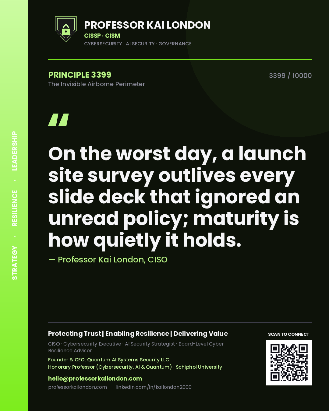 Professor Kai London principle 3399: On the worst day, a launch site survey outlives every slide deck that ignored an unread policy; maturity is how quietly it holds.
