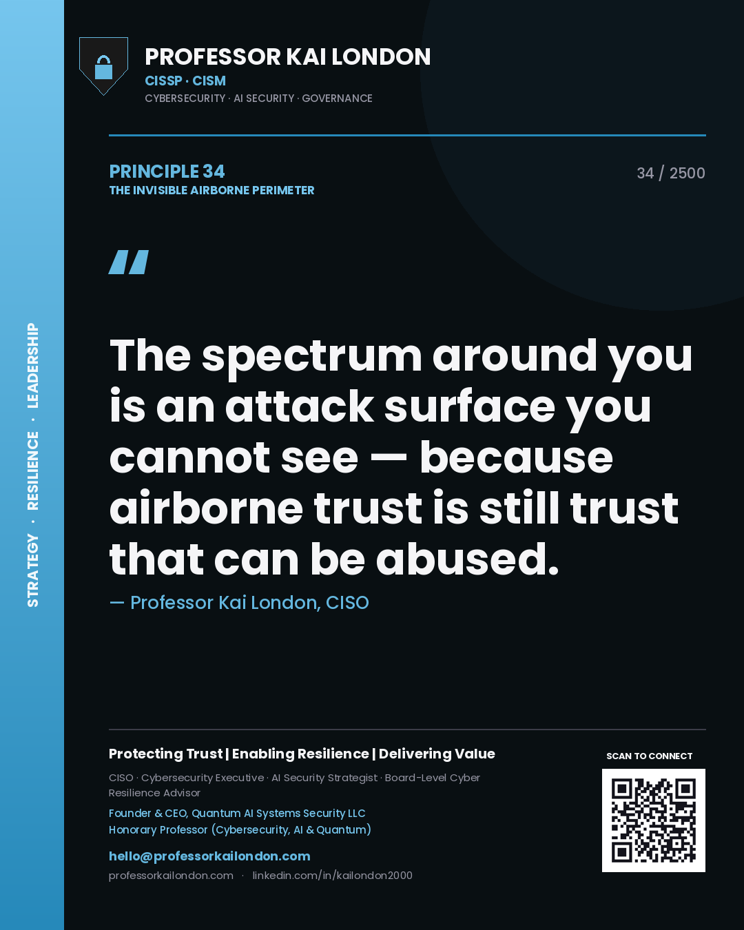 Professor Kai London principle 34: The spectrum around you is an attack surface you cannot see — because airborne trust is still trust that can be abused.
