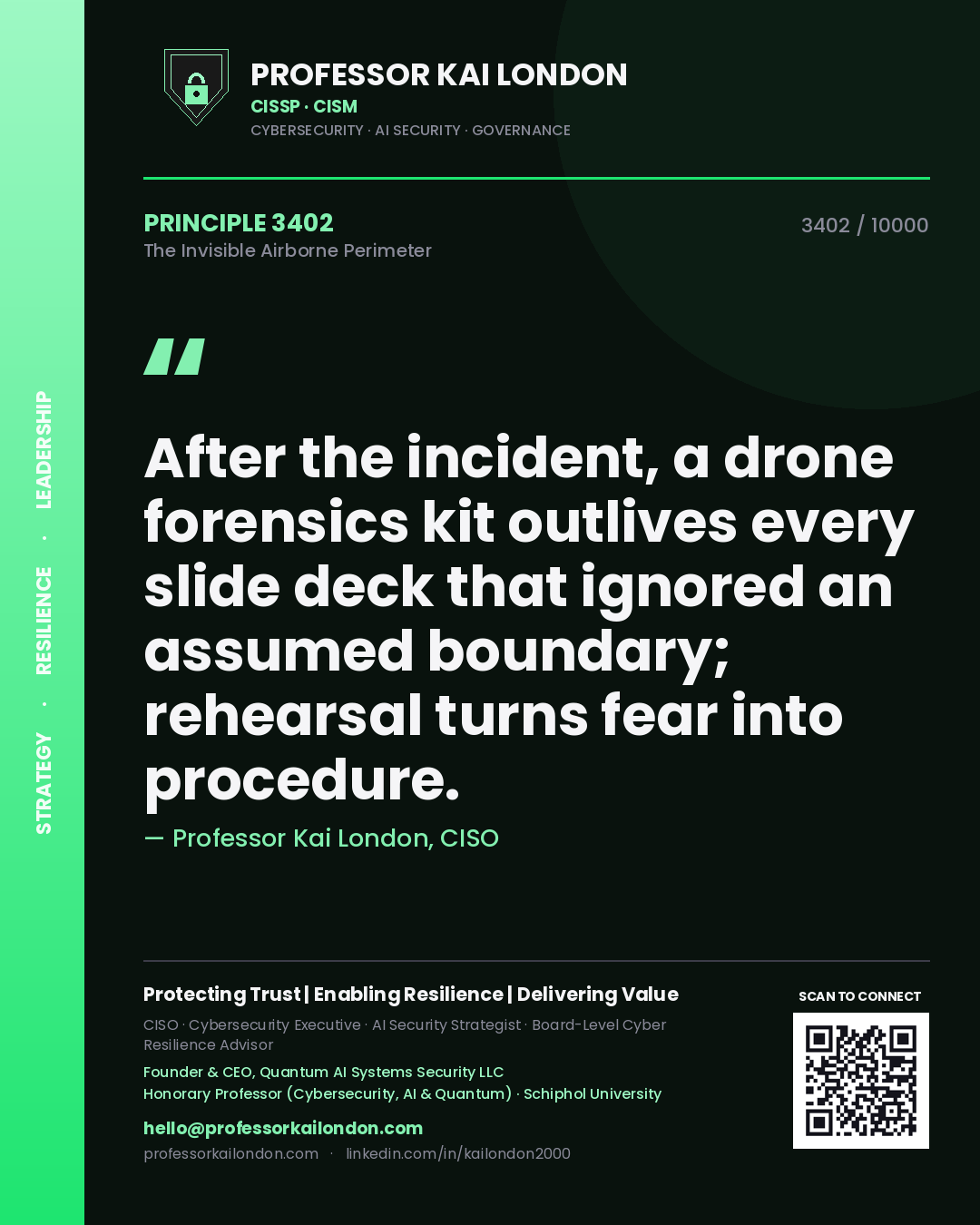 Professor Kai London principle 3402: After the incident, a drone forensics kit outlives every slide deck that ignored an assumed boundary; rehearsal turns fear into procedure.
