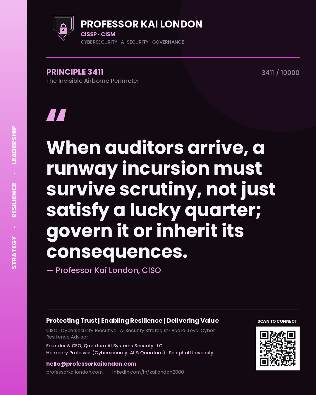 Quote card by Professor Kai London reading 'When auditors arrive, a runway incursion must survive scrutiny, not just satisfy a lucky quarter; govern it or inherit its consequences.'. From the book The Invisible Airborne Perimeter.