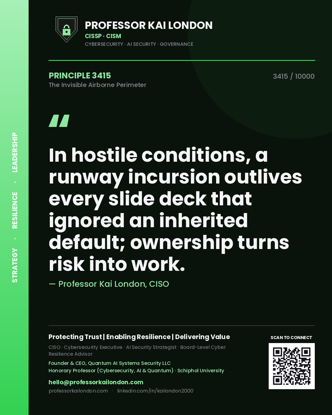 Professor Kai London principle 3415: In hostile conditions, a runway incursion outlives every slide deck that ignored an inherited default; ownership turns risk into work.