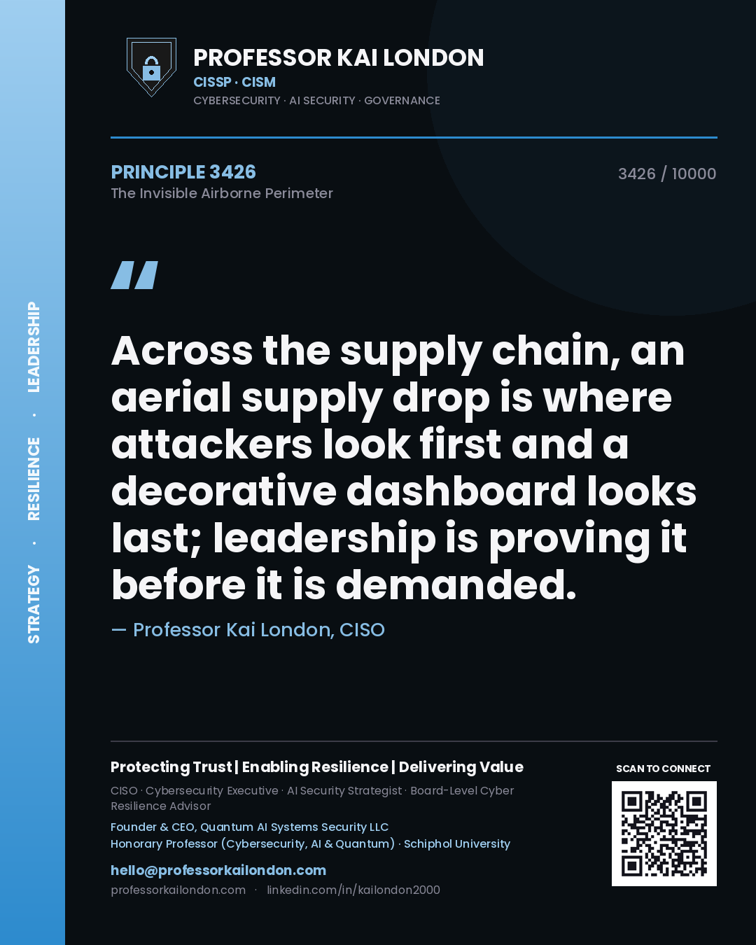 Professor Kai London principle 3426: Across the supply chain, an aerial supply drop is where attackers look first and a decorative dashboard looks last; leadership is proving it before it is demanded.
