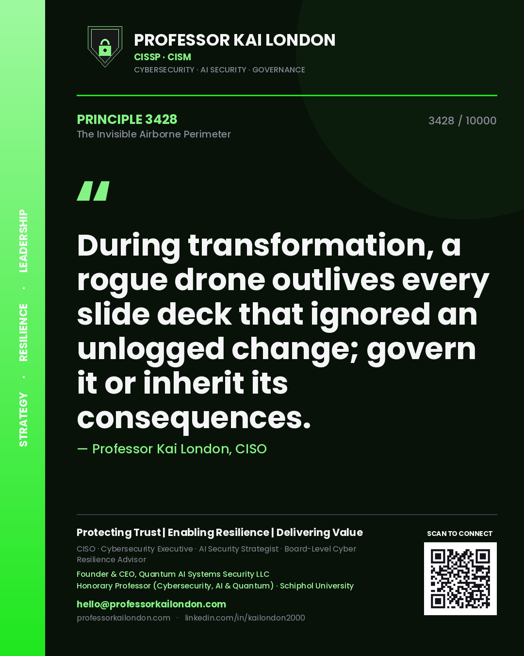 Professor Kai London principle 3428: During transformation, a rogue drone outlives every slide deck that ignored an unlogged change; govern it or inherit its consequences.