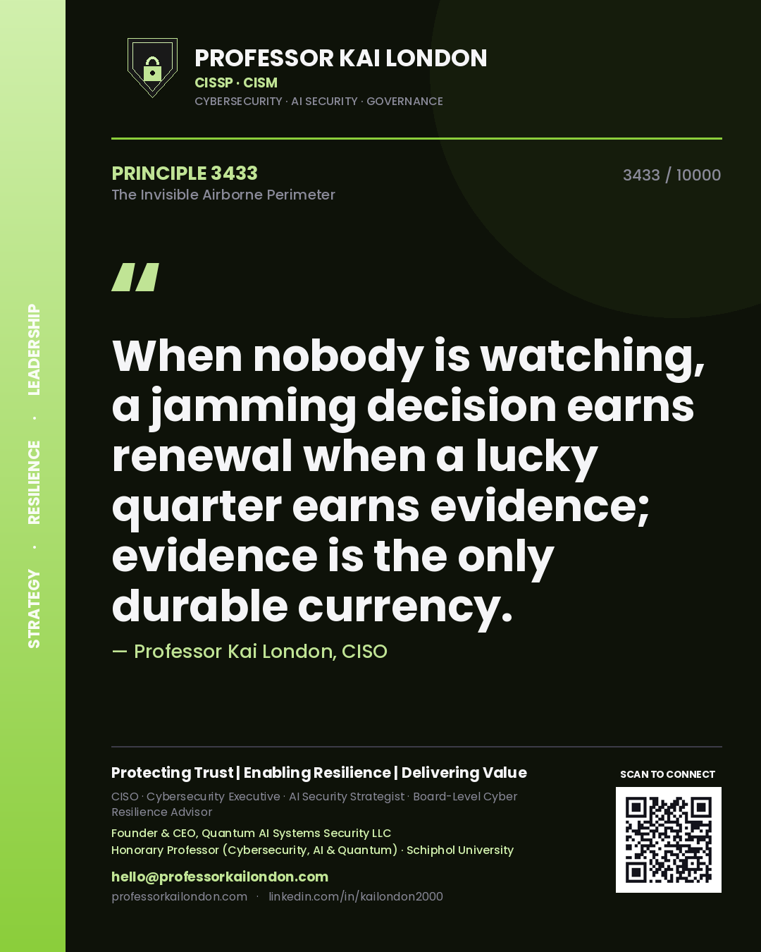 Quote card by Professor Kai London reading 'When nobody is watching, a jamming decision earns renewal when a lucky quarter earns evidence; evidence is the only durable currency.'. From the book The Invisible Airborne Perimeter.