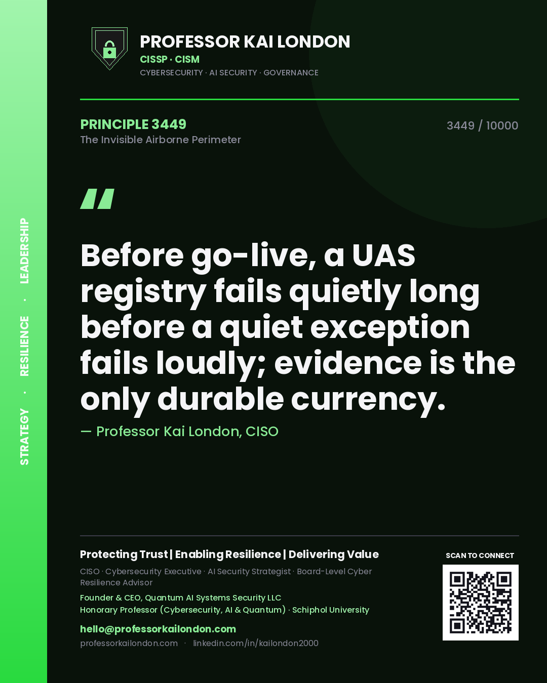 Quote card by Professor Kai London reading 'Before go-live, a UAS registry fails quietly long before a quiet exception fails loudly; evidence is the only durable currency.'. From the book The Invisible Airborne Perimeter.