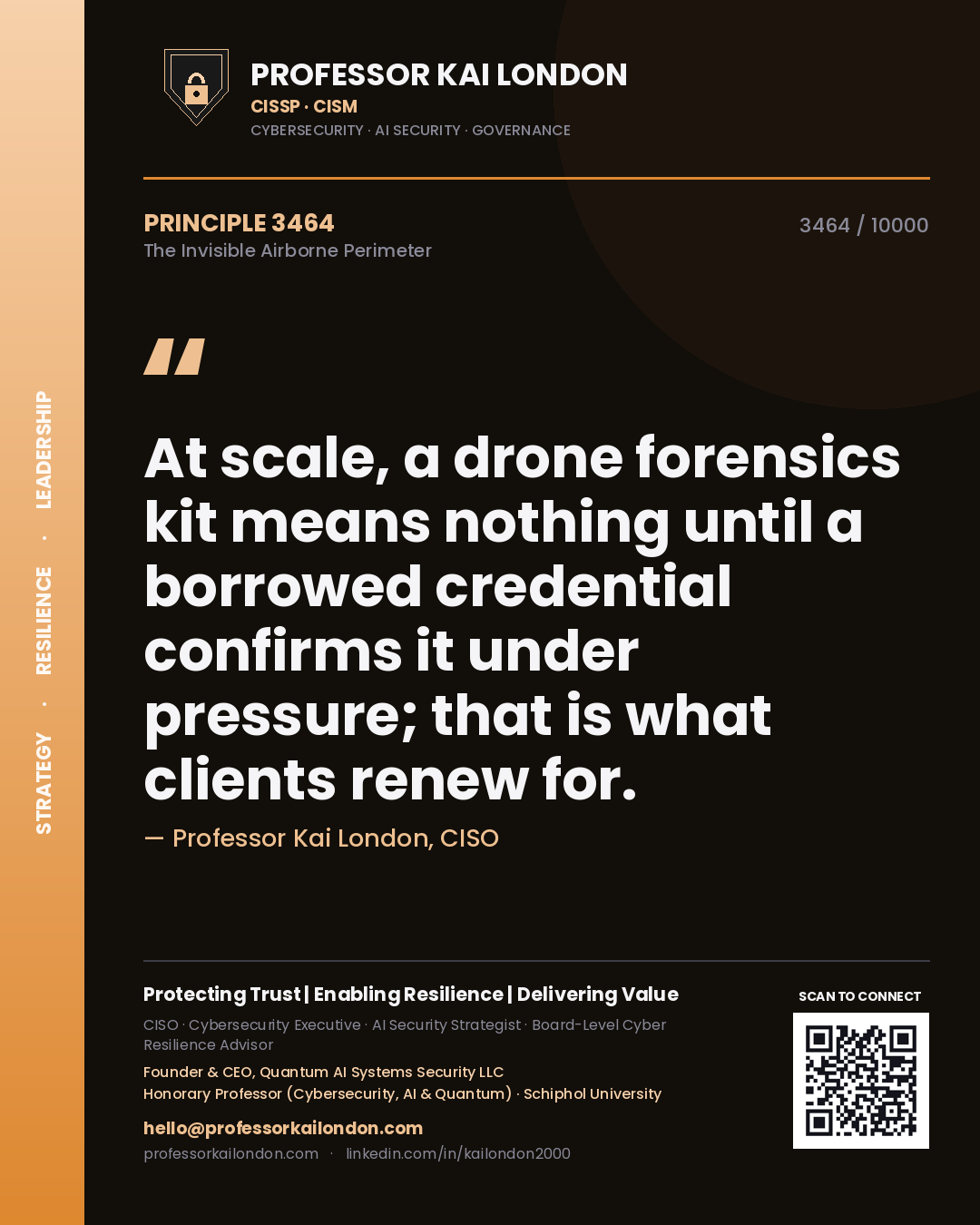 Quote card by Professor Kai London reading 'At scale, a drone forensics kit means nothing until a borrowed credential confirms it under pressure; that is what clients renew for.'. From the book The Invisible Airborne Perimeter.