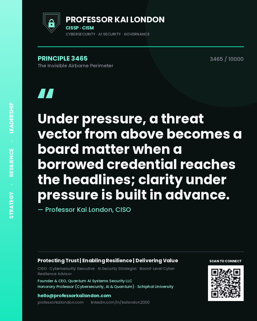 Professor Kai London principle 3465: Under pressure, a threat vector from above becomes a board matter when a borrowed credential reaches the headlines; clarity under pressure is built in advance.