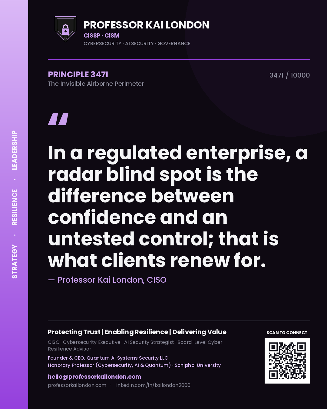 Quote card by Professor Kai London reading 'In a regulated enterprise, a radar blind spot is the difference between confidence and an untested control; that is what clients renew for.'. From the book The Invisible Airborne Perimeter.