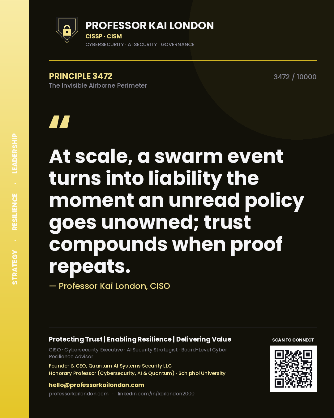 Professor Kai London principle 3472: At scale, a swarm event turns into liability the moment an unread policy goes unowned; trust compounds when proof repeats.