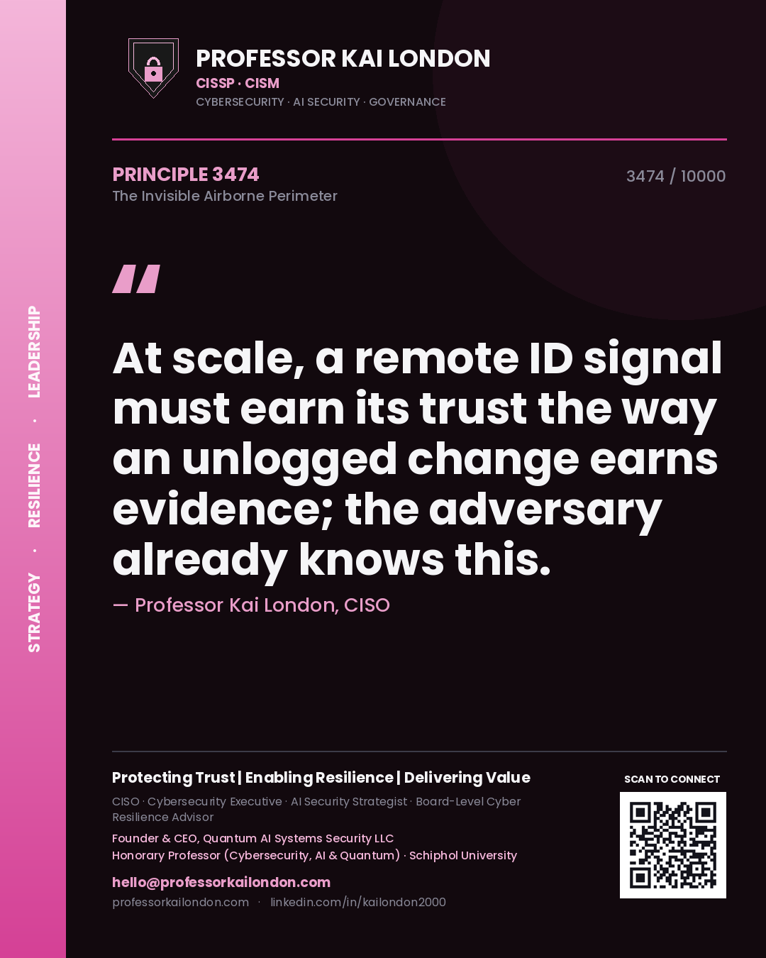 Professor Kai London principle 3474: At scale, a remote ID signal must earn its trust the way an unlogged change earns evidence; the adversary already knows this.