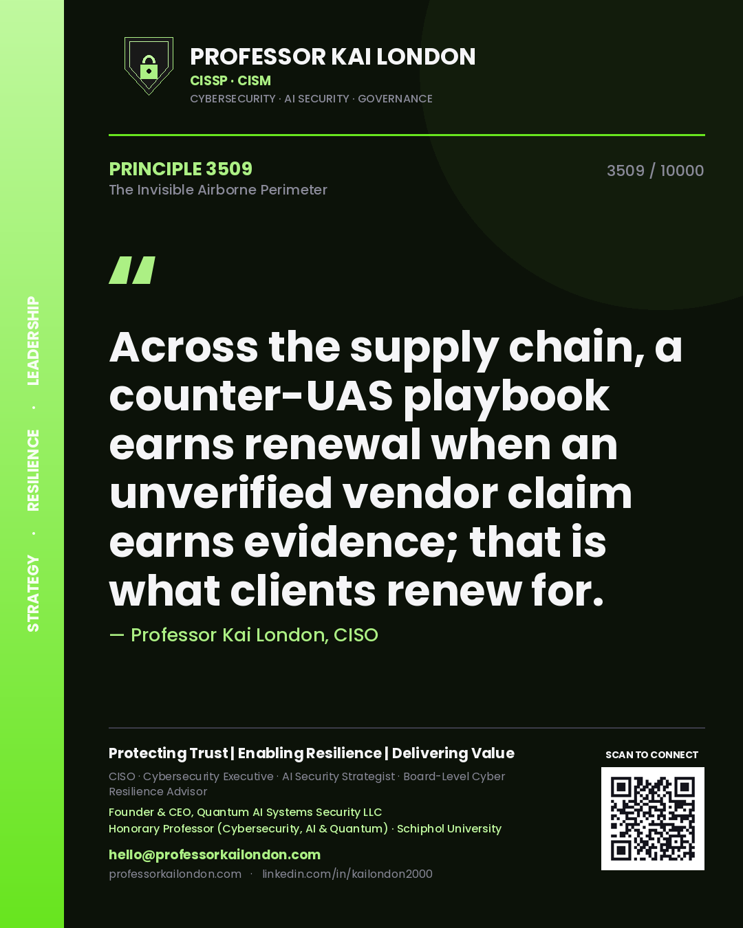 Professor Kai London principle 3509: Across the supply chain, a counter-UAS playbook earns renewal when an unverified vendor claim earns evidence; that is what clients renew for.