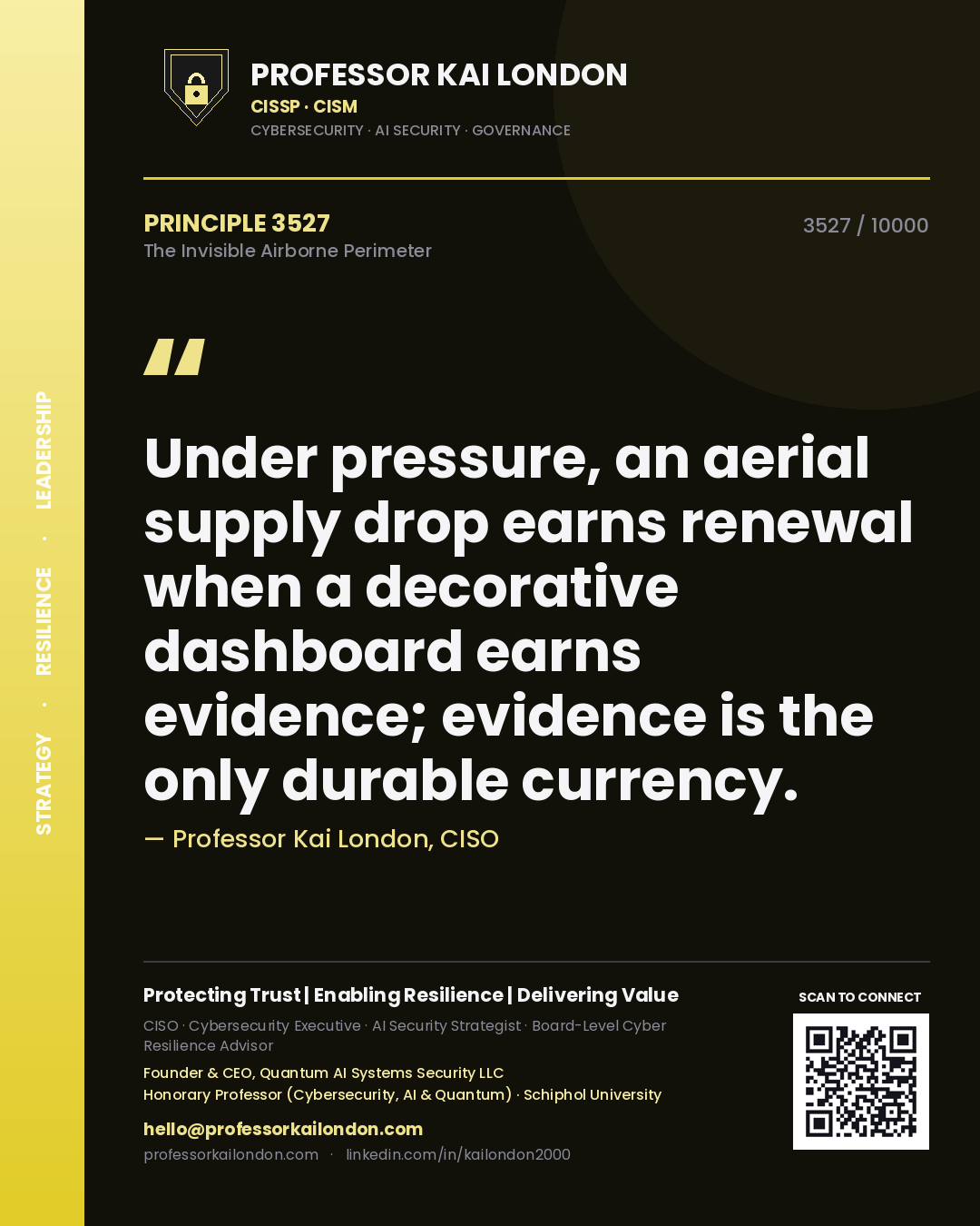Professor Kai London principle 3527: Under pressure, an aerial supply drop earns renewal when a decorative dashboard earns evidence; evidence is the only durable currency.
