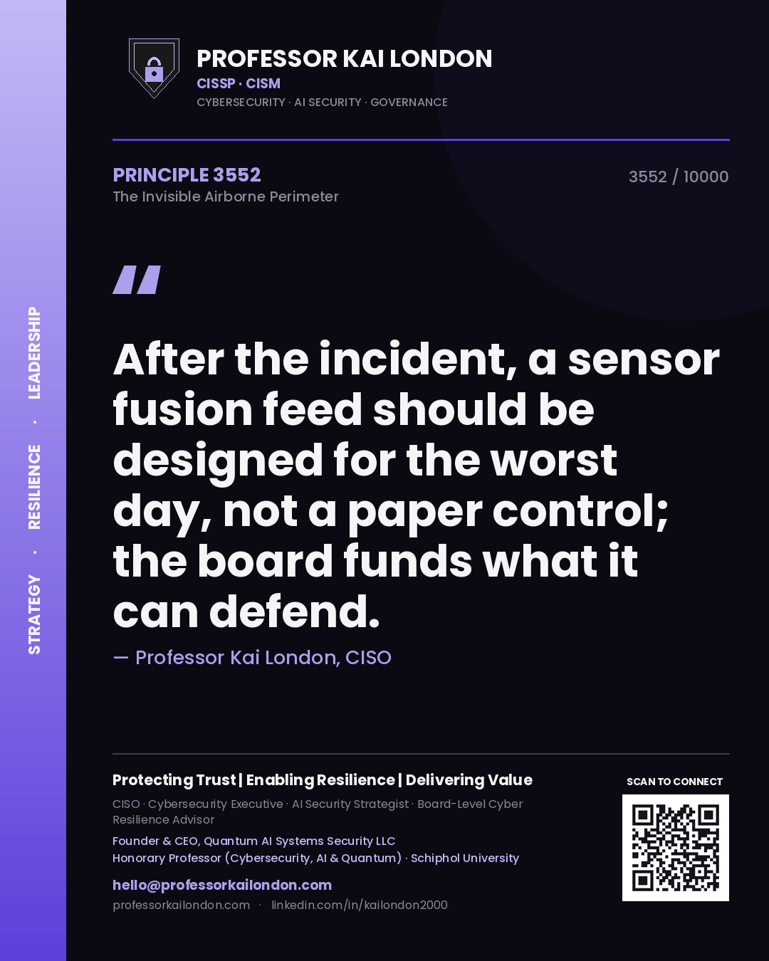 Quote card by Professor Kai London reading 'After the incident, a sensor fusion feed should be designed for the worst day, not a paper control; the board funds what it can defend.'. From the book The Invisible Airborne Perimeter.