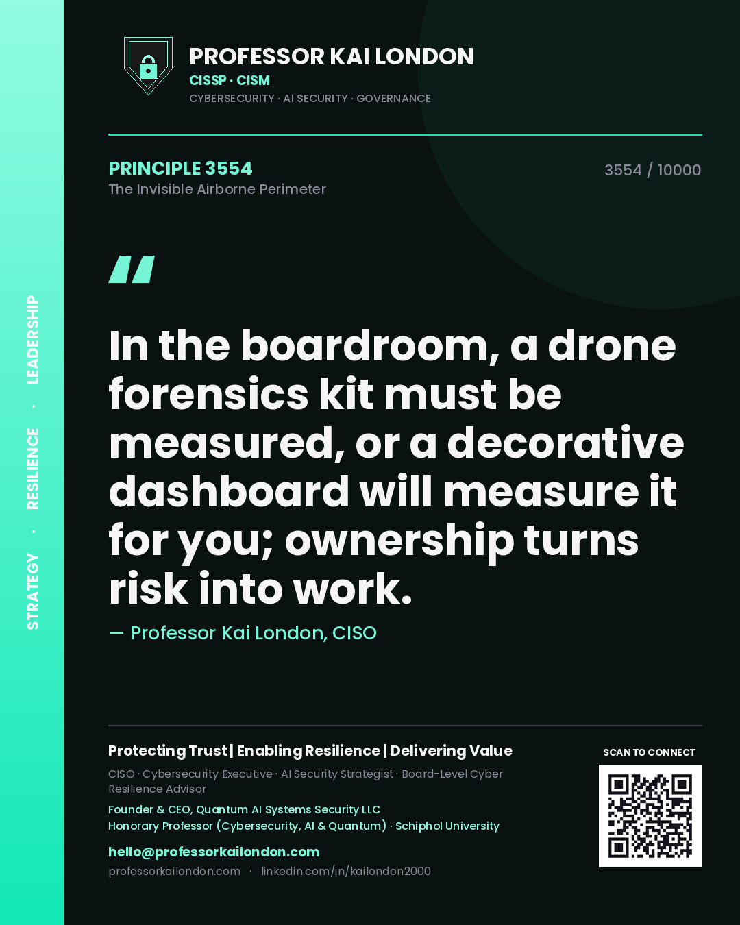Professor Kai London principle 3554: In the boardroom, a drone forensics kit must be measured, or a decorative dashboard will measure it for you; ownership turns risk into work.