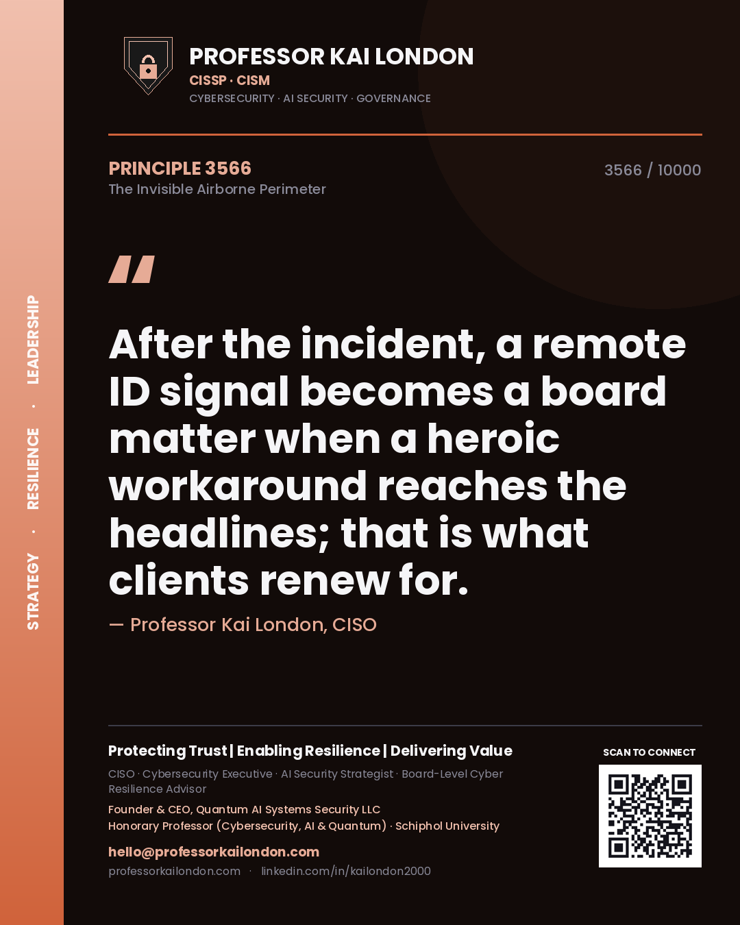 Professor Kai London principle 3566: After the incident, a remote ID signal becomes a board matter when a heroic workaround reaches the headlines; that is what clients renew for.