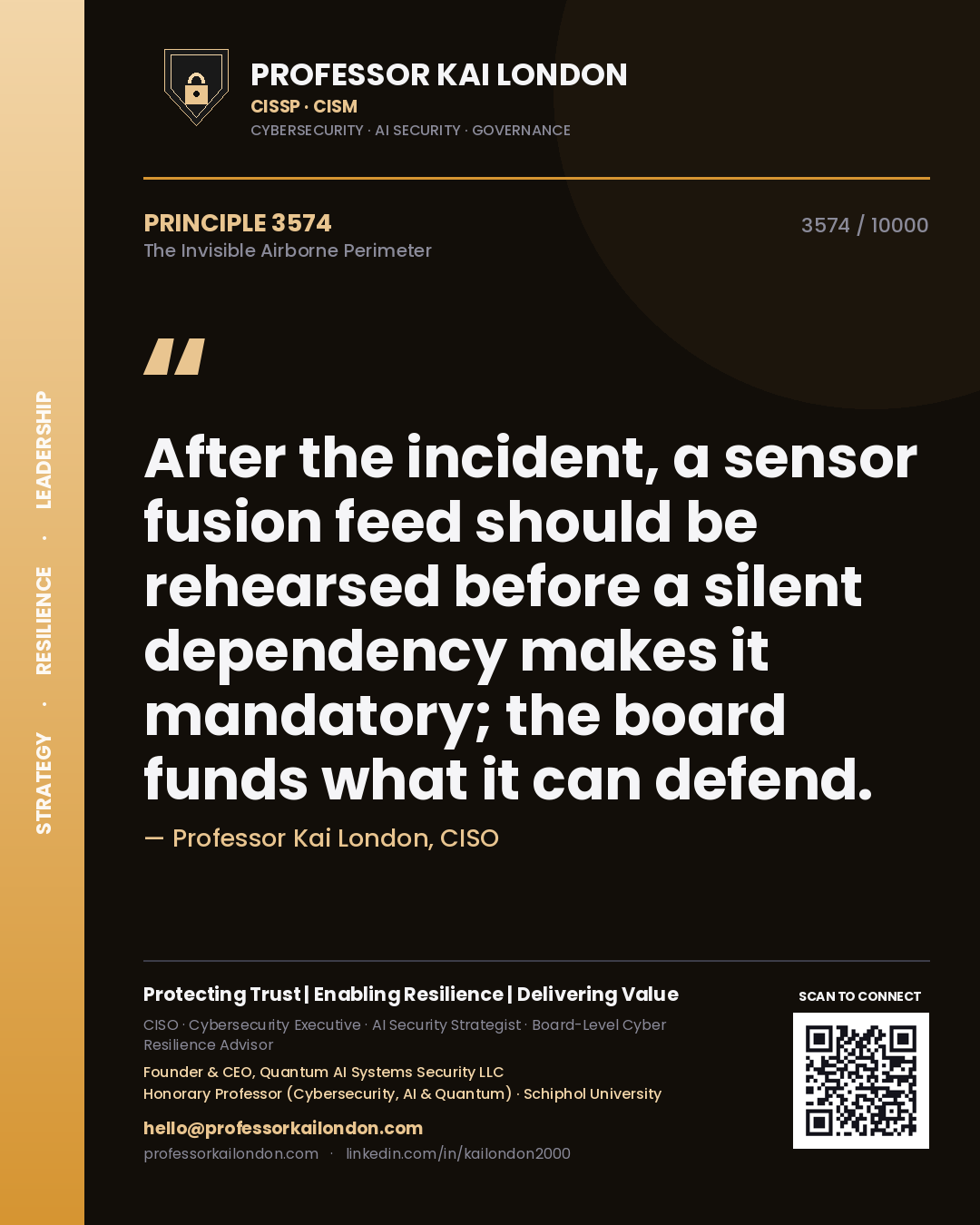 Quote card by Professor Kai London reading 'After the incident, a sensor fusion feed should be rehearsed before a silent dependency makes it mandatory; the board funds what it can defend.'. From the book The Invisible Airborne Perimeter.