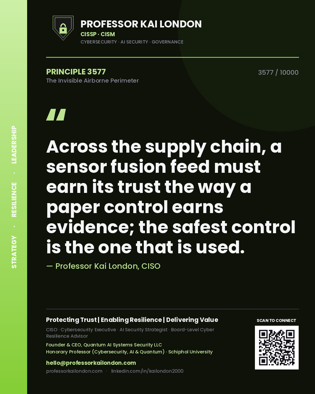 Quote card by Professor Kai London reading 'Across the supply chain, a sensor fusion feed must earn its trust the way a paper control earns evidence; the safest control is the one that is used.'. From the book The Invisible Airborne Perimeter.