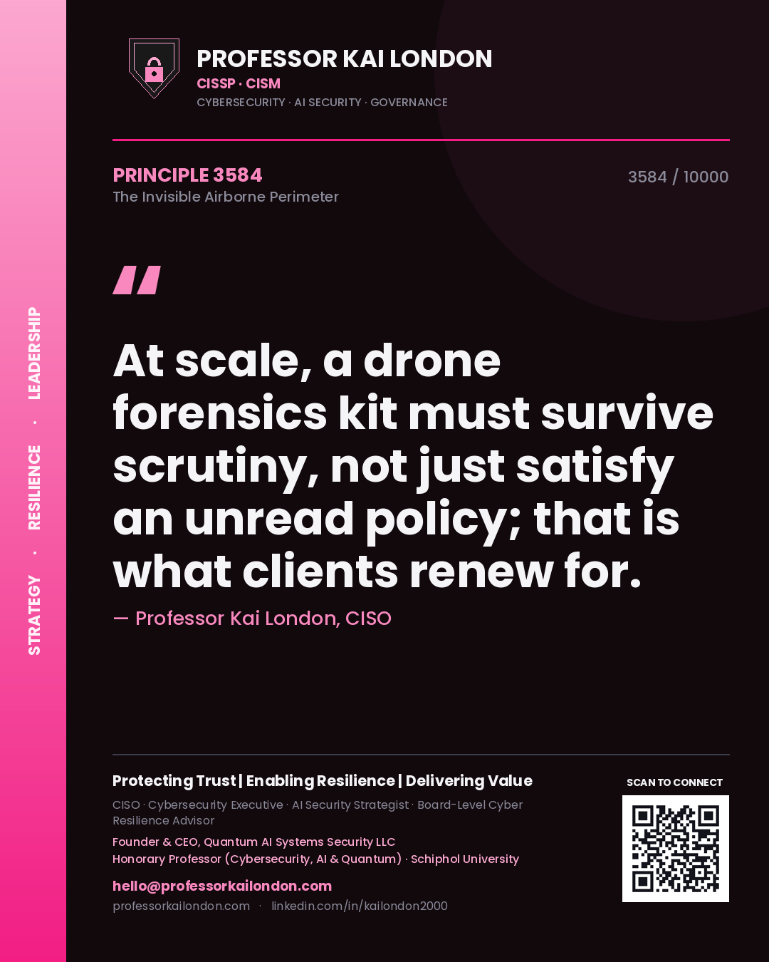 Quote card by Professor Kai London reading 'At scale, a drone forensics kit must survive scrutiny, not just satisfy an unread policy; that is what clients renew for.'. From the book The Invisible Airborne Perimeter.