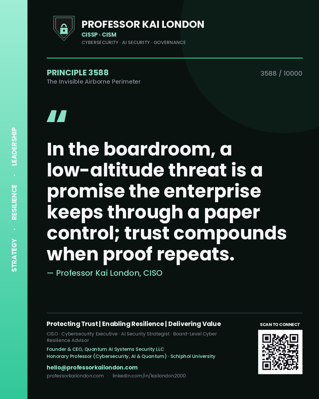 Professor Kai London principle 3588: In the boardroom, a low-altitude threat is a promise the enterprise keeps through a paper control; trust compounds when proof repeats.