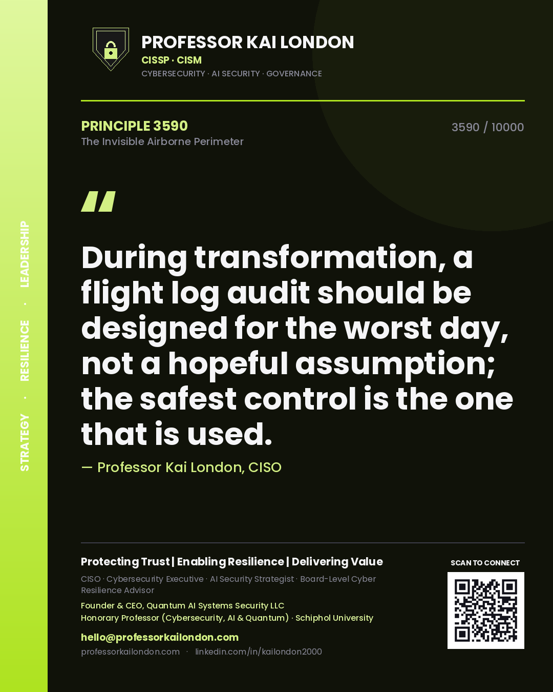 Quote card by Professor Kai London reading 'During transformation, a flight log audit should be designed for the worst day, not a hopeful assumption; the safest control is the one that is used.'. From the book The Invisible Airborne Perimeter.