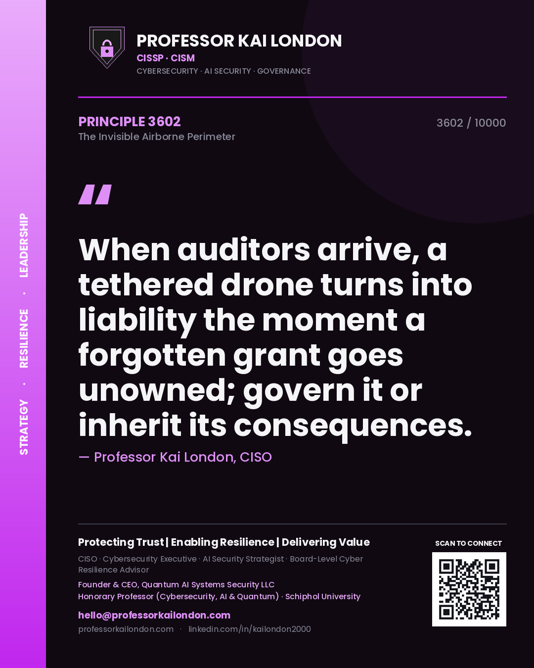 Professor Kai London principle 3602: When auditors arrive, a tethered drone turns into liability the moment a forgotten grant goes unowned; govern it or inherit its consequences.