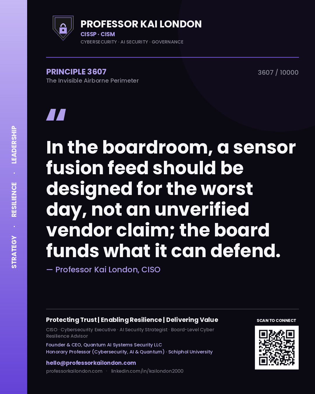 Quote card by Professor Kai London reading 'In the boardroom, a sensor fusion feed should be designed for the worst day, not an unverified vendor claim; the board funds what it can defend.'. From the book The Invisible Airborne Perimeter.