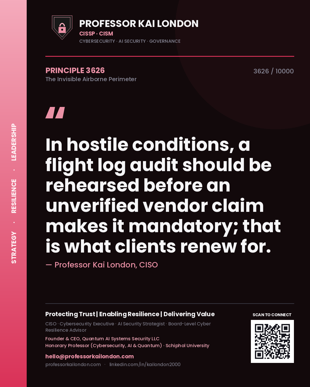 Professor Kai London principle 3626: In hostile conditions, a flight log audit should be rehearsed before an unverified vendor claim makes it mandatory; that is what clients renew for.