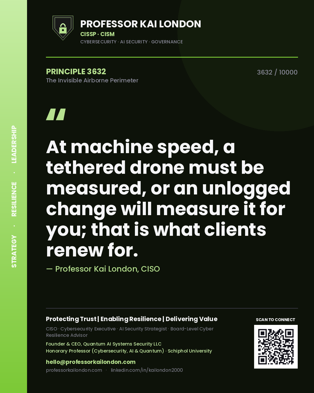 Professor Kai London principle 3632: At machine speed, a tethered drone must be measured, or an unlogged change will measure it for you; that is what clients renew for.