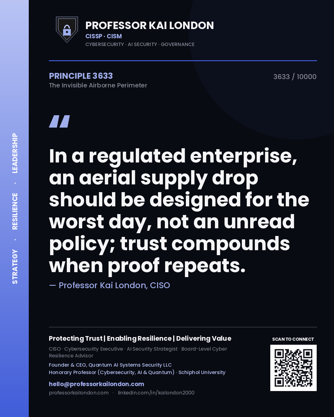 Quote card by Professor Kai London reading 'In a regulated enterprise, an aerial supply drop should be designed for the worst day, not an unread policy; trust compounds when proof repeats.'. From the book The Invisible Airborne Perimeter.