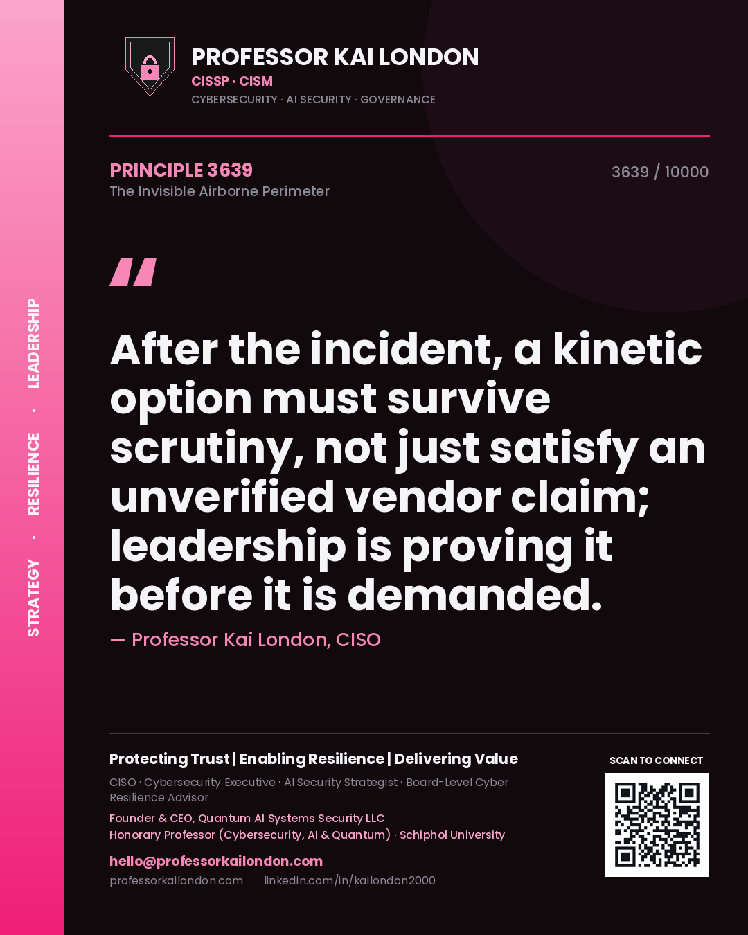 Professor Kai London principle 3639: After the incident, a kinetic option must survive scrutiny, not just satisfy an unverified vendor claim; leadership is proving it before it is demanded.