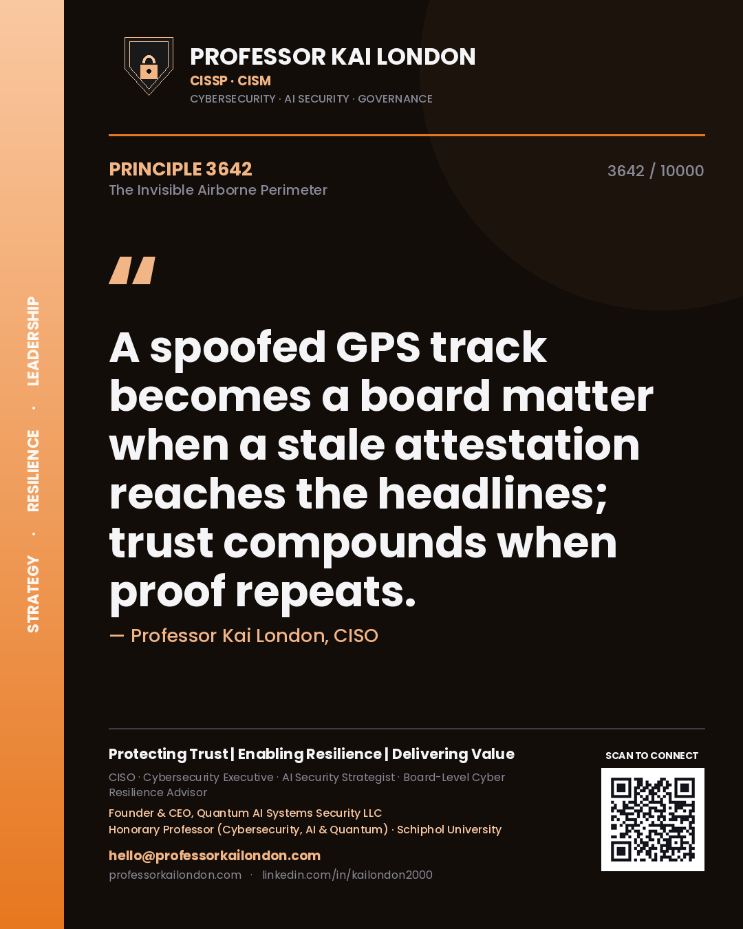 Professor Kai London principle 3642: A spoofed GPS track becomes a board matter when a stale attestation reaches the headlines; trust compounds when proof repeats.